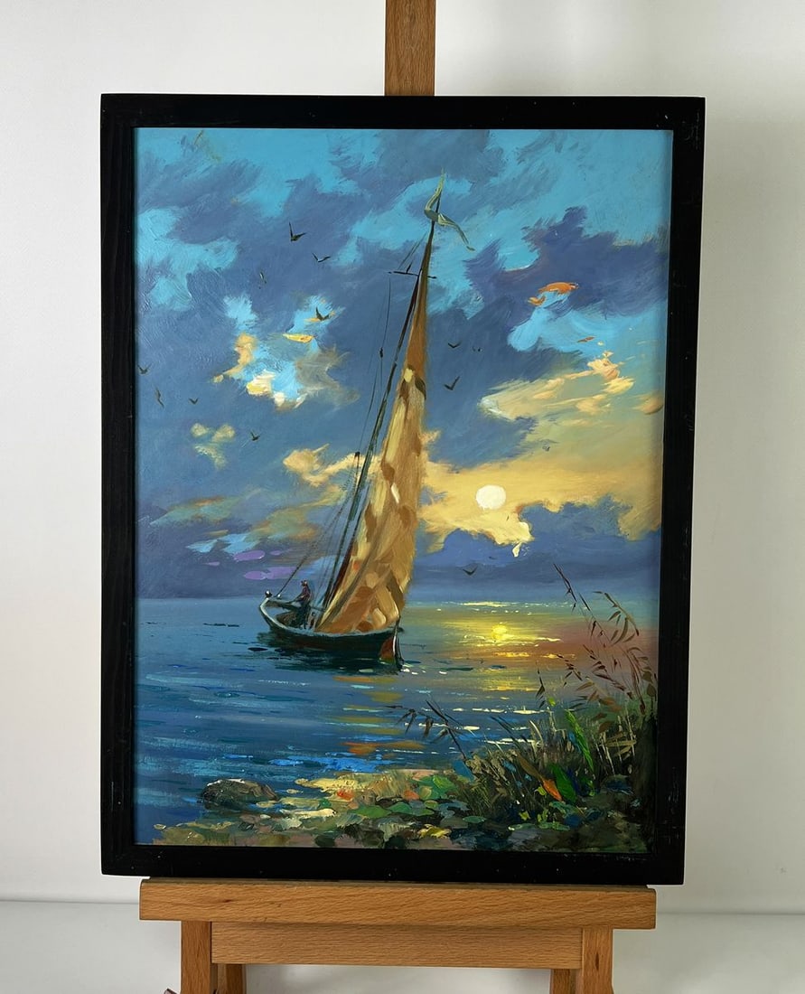Oil painting Sailboat at sunset Yuriy Suprunchuk: NoAAA6111*** ABOUT THIS PAINTING **** TITLE: "Sailboat at sunset"* ARTISTS: Yuriy Suprunchuk* SIZE: 40x30 cm/15.74x11.81 inches'* MEDIUM: oil, hardboard* HAND PAINTED: Original painting from our colle