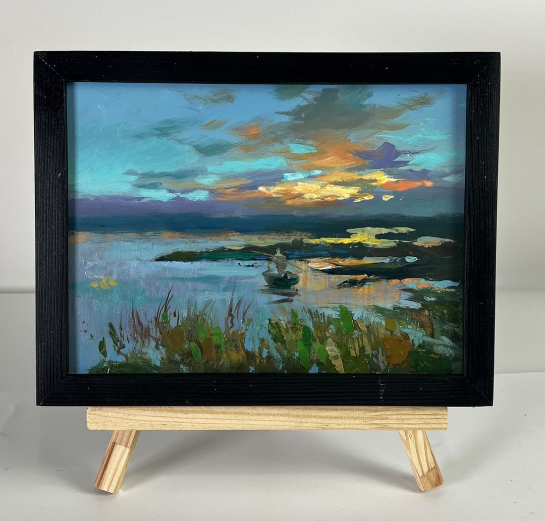 Oil painting Sunset Fishing Yuriy Suprunchuk: NoAAA6128*** ABOUT THIS PAINTING **** TITLE: "Sunset Fishing"* ARTISTS: Yuriy Suprunchuk* SIZE: 15x20 cm/5.90x7.87 inches'* MEDIUM: oil, hardboard* HAND PAINTED: Original painting from our collection*