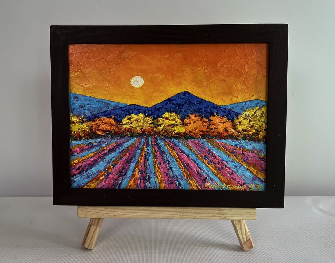 Oil painting Sunset colors over the peaks V. Zadorozhnya: NoAAA4581The painting "Sunset Colors Over the Peaks" is a striking and emotionally evocative oil painting on cardboard that captures the mesmerizing beauty of a sunset over a mountainous landscape. Th