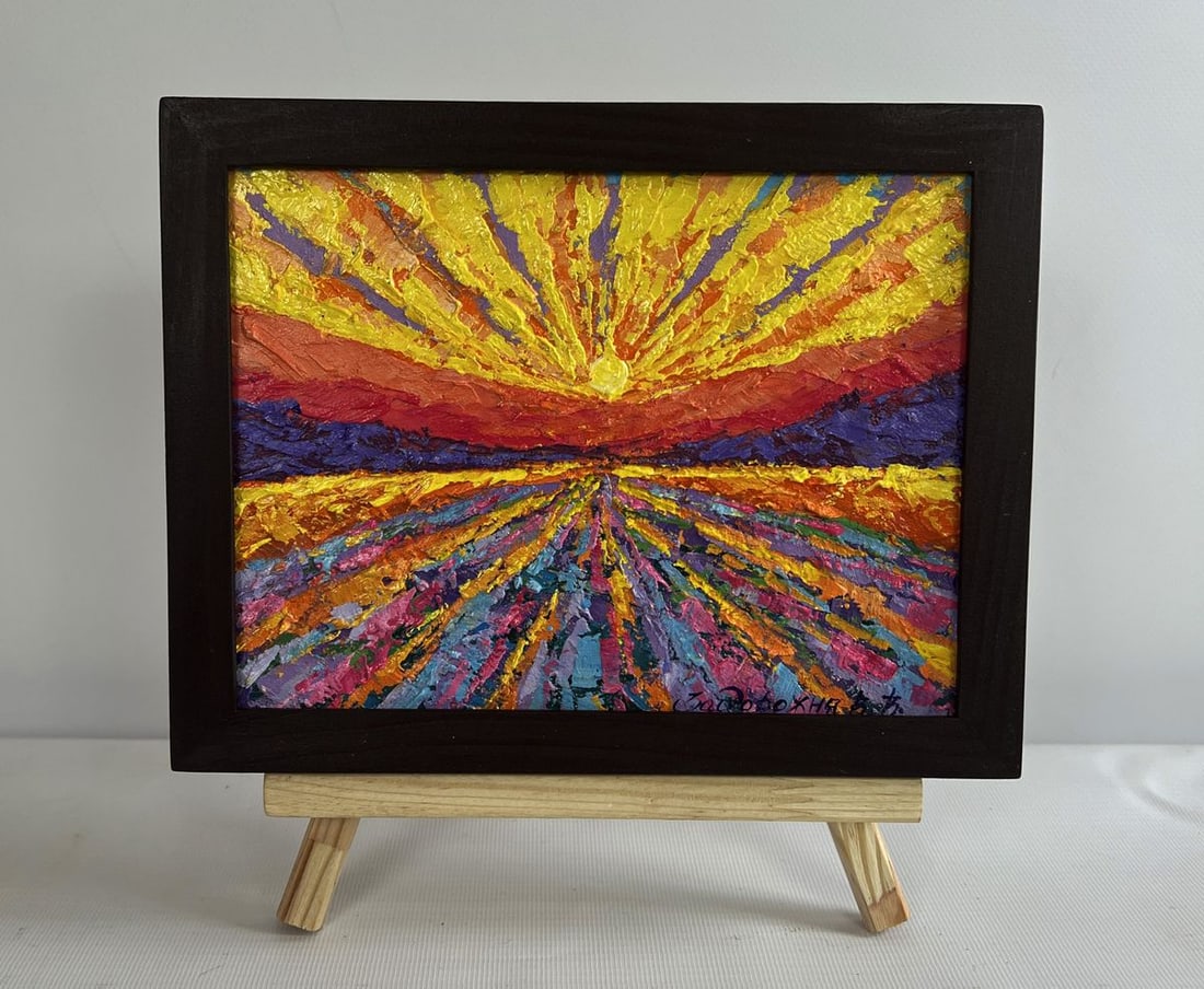 Oil painting Yellow rays of sunset V. Zadorozhnya: NoAAA4597The painting "Yellow Rays of Sunset" captures the explosive energy of a setting sun, radiating vibrant colors across the sky and land. The artist uses a rich impasto technique, layering thick