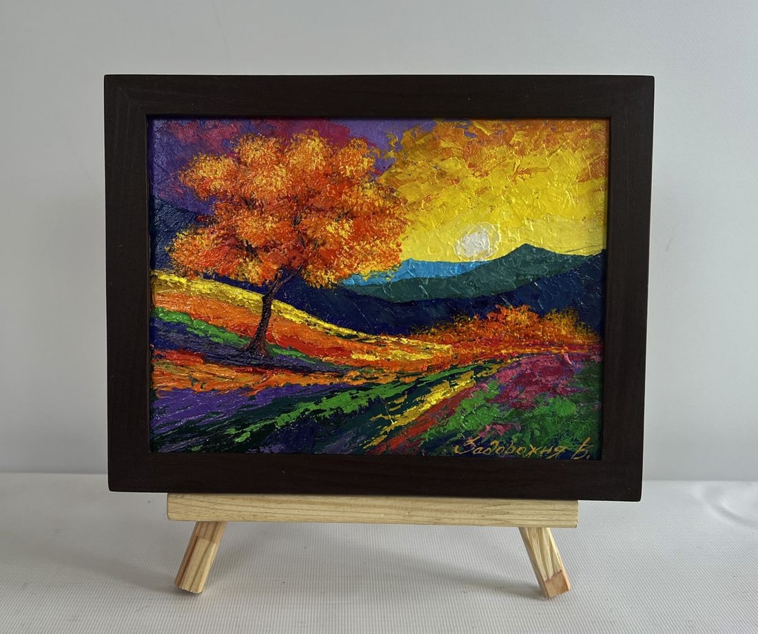 Oil painting Romantic memories of the evening V. Zadorozhnya: NoAAA4602The painting "Romantic Memories of the Evening" captures the essence of a golden sunset over a picturesque autumn landscape. The artist uses a striking combination of warm and cool tones to e