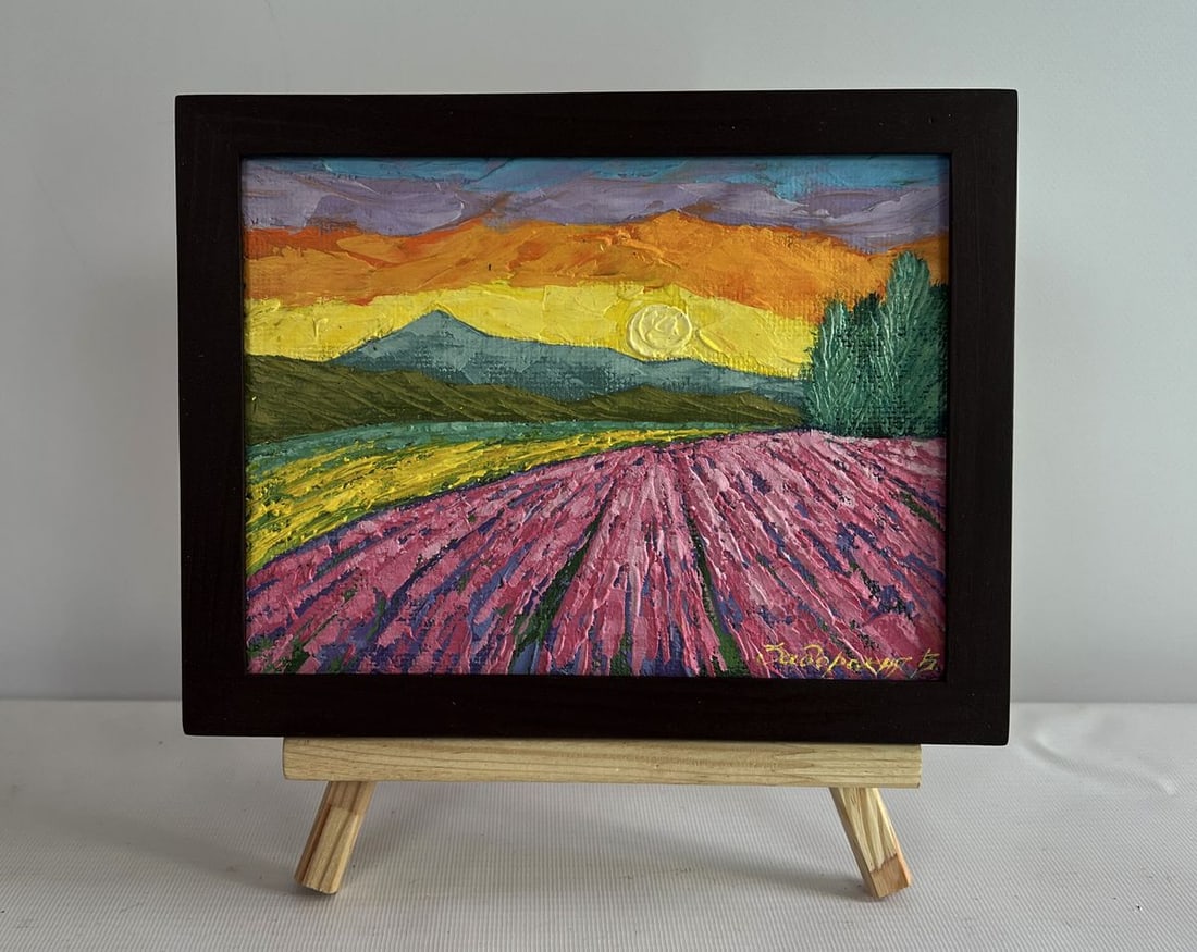 Oil painting Watching the shades of the sunset V. Zadorozhnya: NoAAA4635The oil painting on cardboard titled "Watching the Shades of the Sunset" captures a breathtaking moment of tranquility, where nature's beauty unfolds in a stunning play of colors and