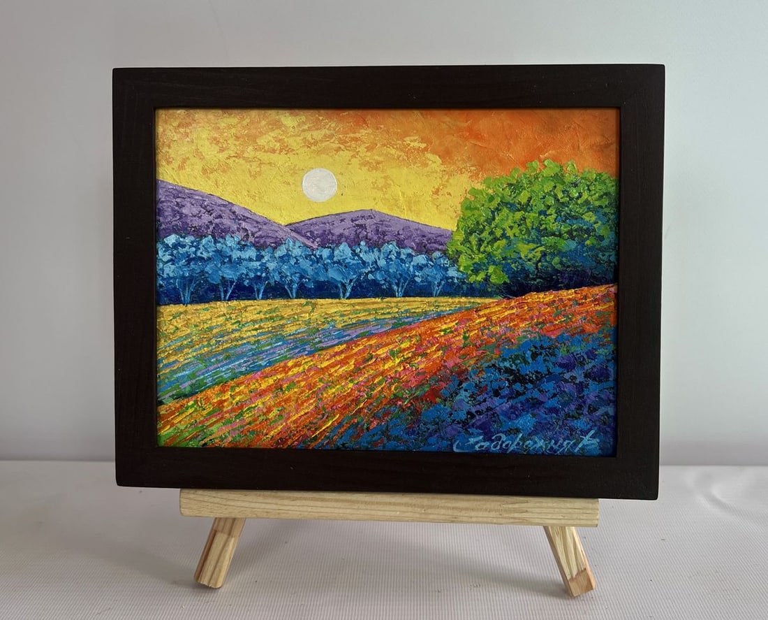 Oil painting Quiet evening in blue shadows V. Zadorozhnya: NoAAA4654The oil painting on cardboard titled "Quiet Evening in Blue Shadows" is a captivating representation of a serene landscape bathed in the final golden light of the day. The painting captures