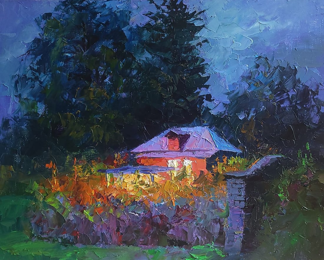 Oil painting Evening Boris Serdyuk: NoSERB 1092The oil painting titled "Evening" captures a serene and mysterious moment at dusk, where a modest house stands surrounded by lush vegetation and embraced by the deepening night. The house,