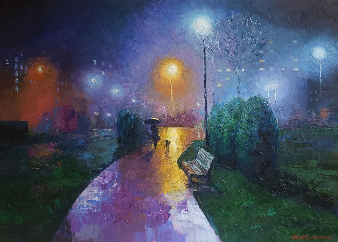 Oil painting Under the rain Boris Serdyuk: NoSERB 1102The painting titled "Under the Rain" captures the quiet serenity and subtle drama of a rainy evening in an urban park. The artist uses a harmonious palette of deep purples, rich blues, and