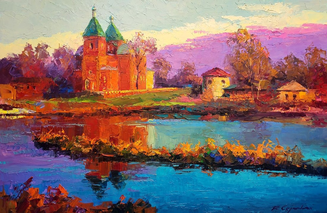 Oil painting Evening near the church Boris Serdyuk: NoSERB 1125The painting titled "Evening near the Church" portrays a serene and picturesque landscape at dusk, featuring a beautiful church reflected in the calm waters of a nearby river. The