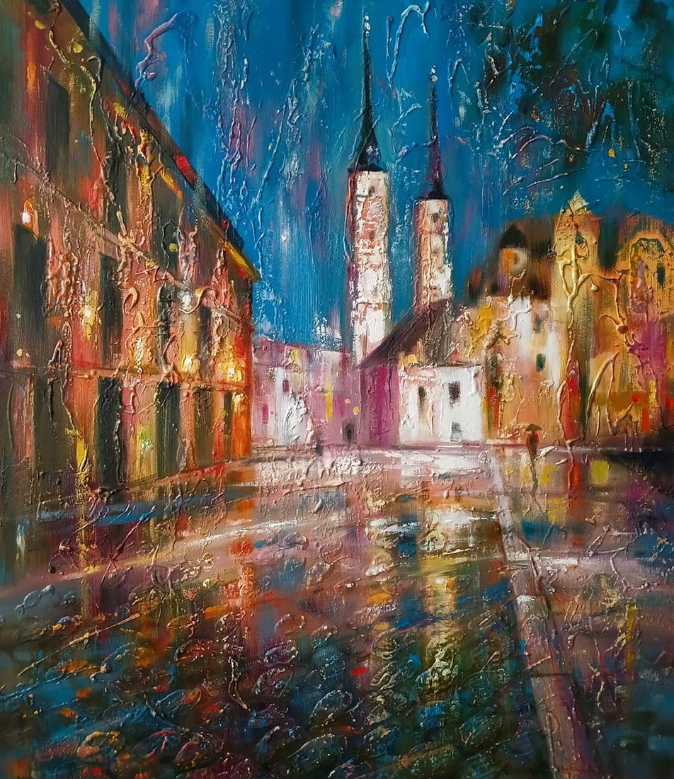 Abstract oil painting Night city Anatoly Tarabanov: NoTar 357"Night City" is a dynamic and atmospheric oil painting that captures the essence of an urban scene at night, brought to life with a rich tapestry of colors and textures. The scene is set on a