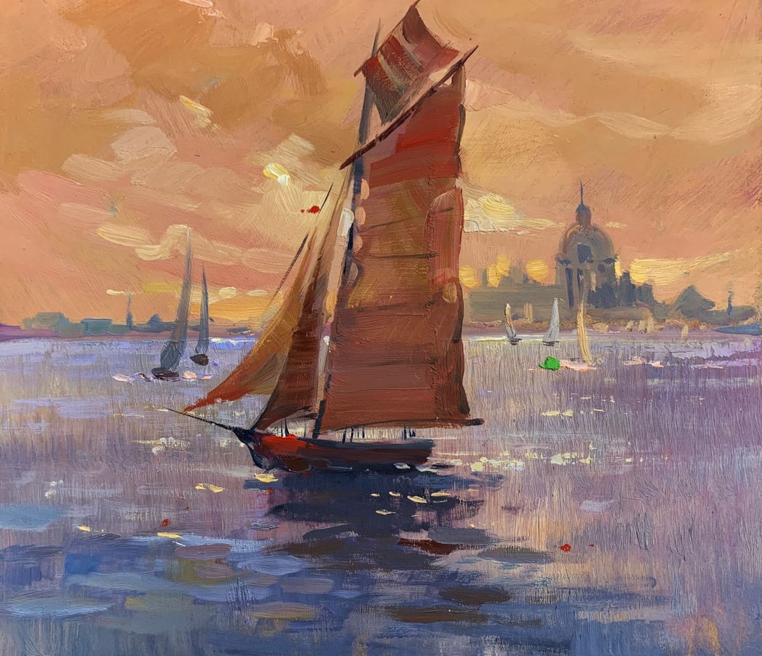 OIl painting Evening sailing on a sailboat at sea Yuriy Suprunchuk: NoAAA3651The painting "Evening Sailing on a Sailboat at Sea" captures a serene and picturesque moment as the sun sets, casting a warm, golden glow over the water. This oil on cardboard piece