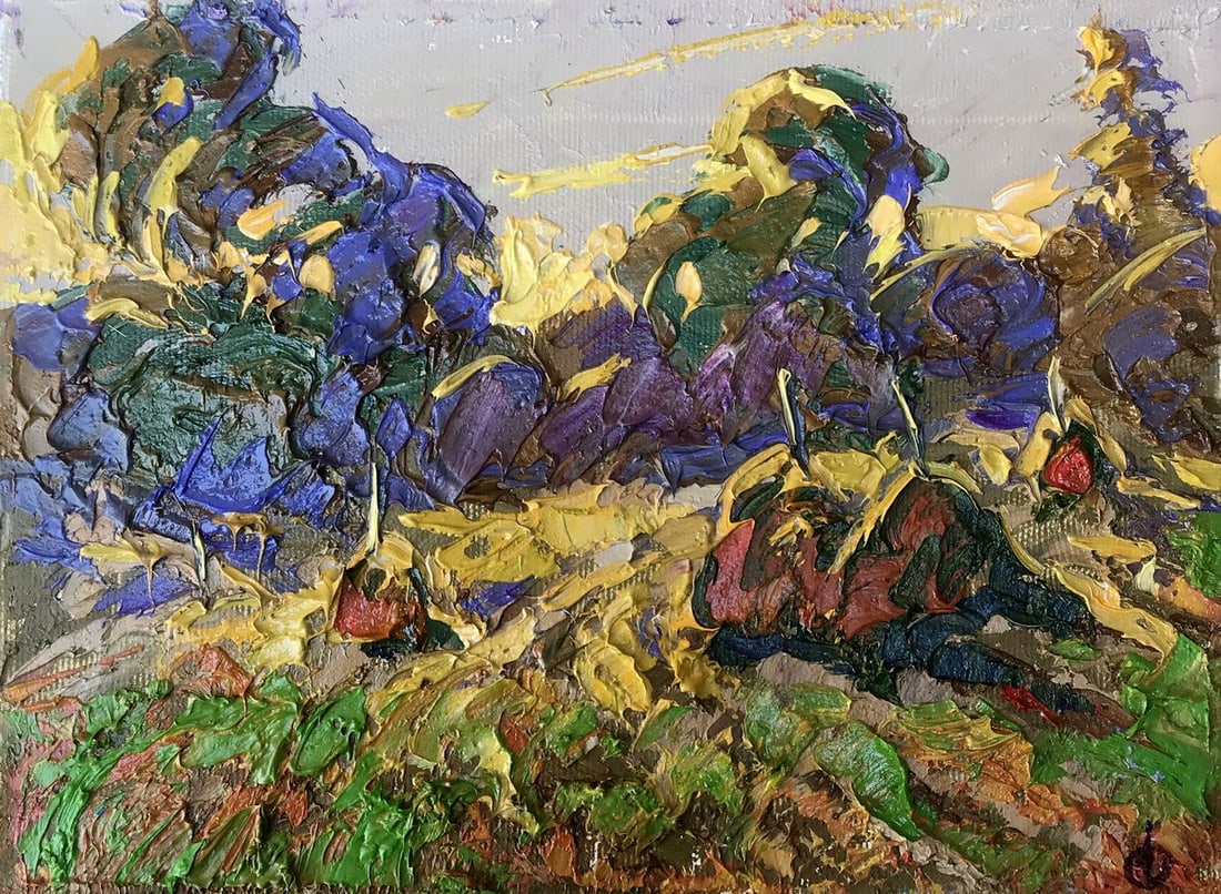 Oil painting Warm evening Alex Kalenyuk: NoAAA3226"Warm Evening" is an oil painting that vividly captures the essence of a balmy evening through a rich tapestry of color and impasto technique. The artist has applied the paint in a thick, alm