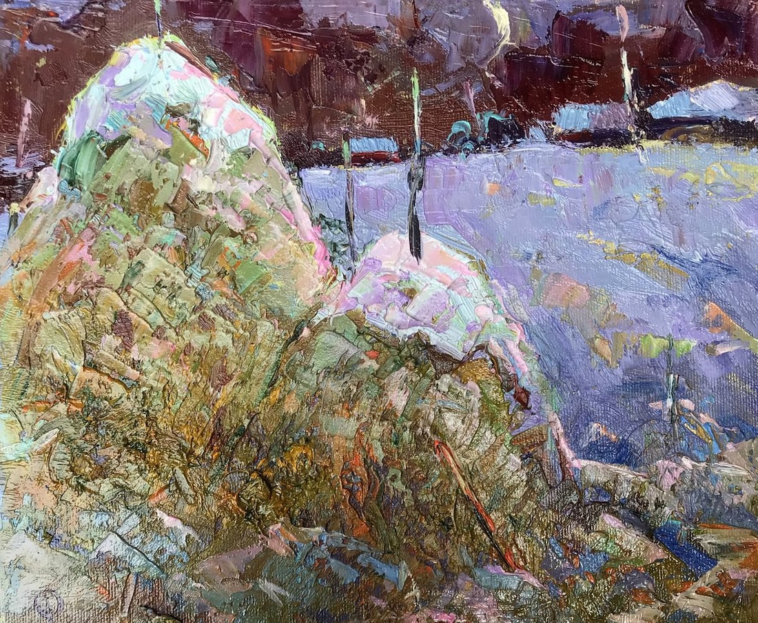 Oil painting Moonlit night Oksana Kalenyuk: NoAAA3232The oil painting titled "Moonlit Night" is a rich and textured portrayal of a nocturnal landscape under the enchantment of moonlight. The artist's use of impasto technique is evident in the t