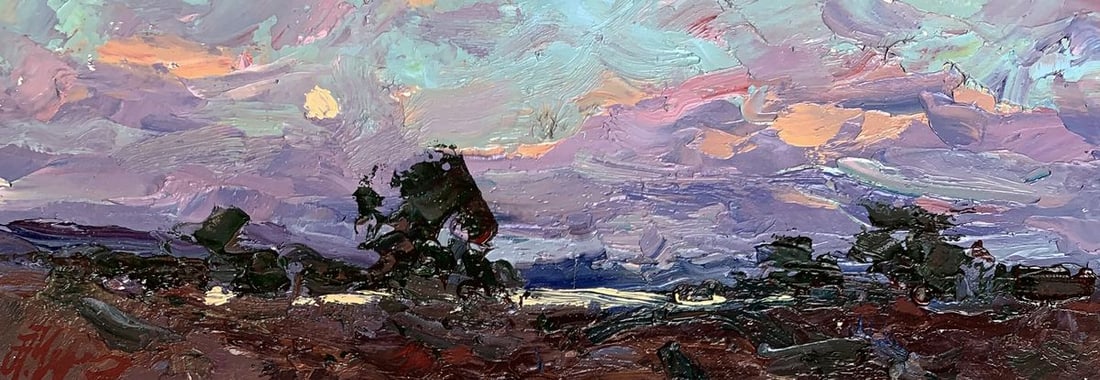 Oil painting Night is coming Alexander Cherednichenko: NoAAA3278The painting "Night is Coming" is an evocative and atmospheric oil on canvas piece that captures the transitional moment between day and night. The artist uses rich textures and a moody color