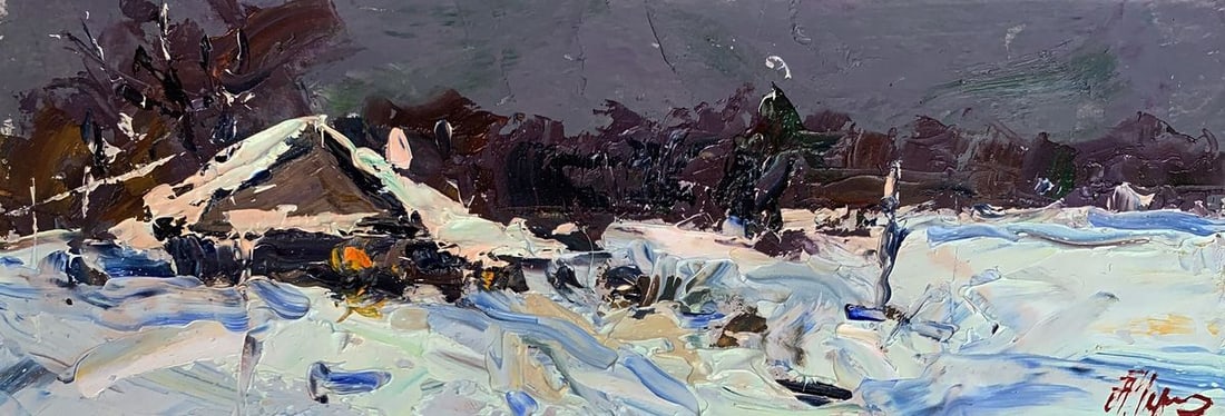 Oil painting Lonely house Alexander Cherednichenko: NoAAA3281The painting "Lonely House" is a striking oil on canvas piece that vividly captures the solitude and stark beauty of a winter landscape. The artist employs bold, expressive brushstrokes and a