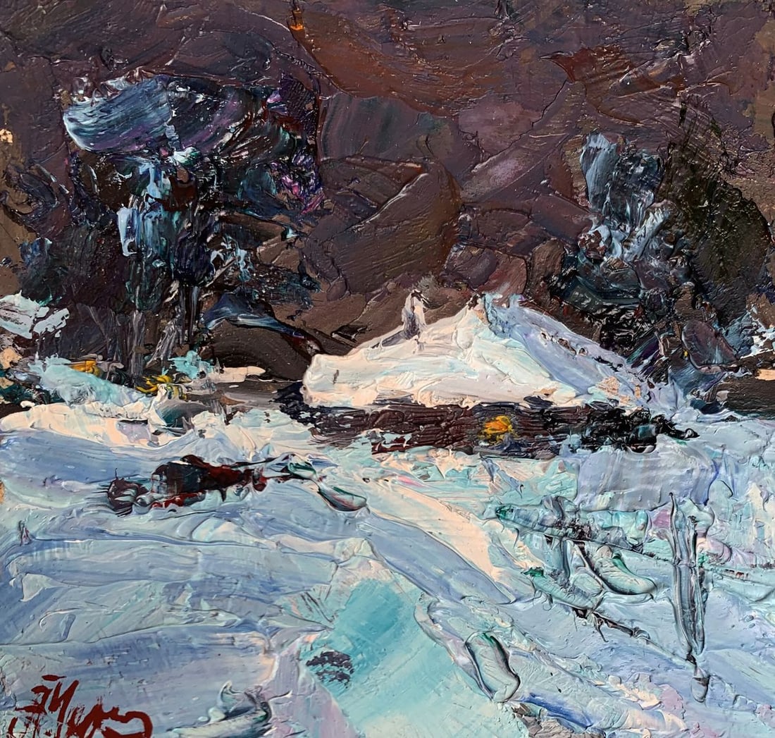 Oil painting Winter night Alexander Cherednichenko: NoAAA3284"Winter Night" is an evocative oil painting that captures the serene yet mysterious essence of a snowy landscape under the night sky. The artist uses thick, expressive brushstrokes and a rich