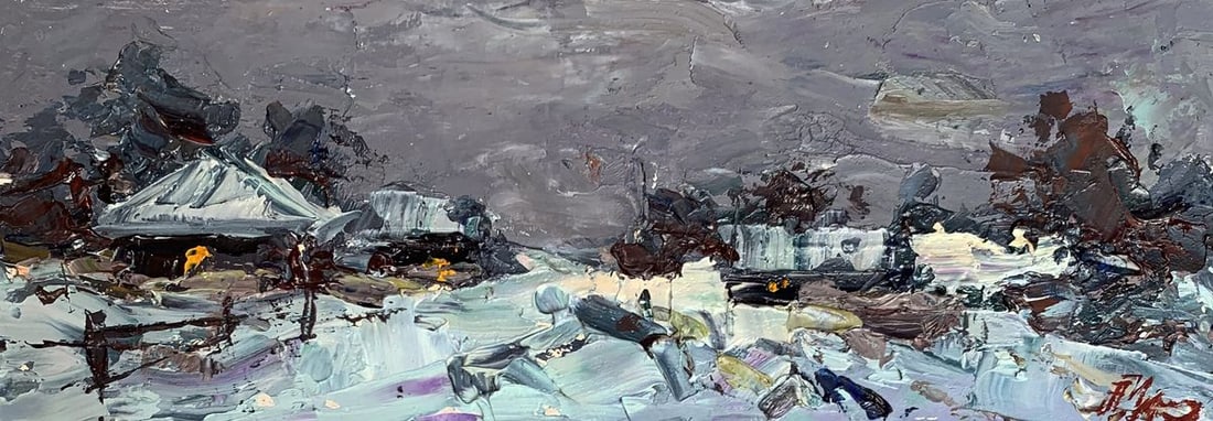 Oil painting Winter and evening Alexander Cherednichenko: NoAAA3287"Winter and Evening" is an evocative oil painting that captures the serene yet somber atmosphere of a winter evening in a rural setting. The artist uses a combination of muted colors and thic