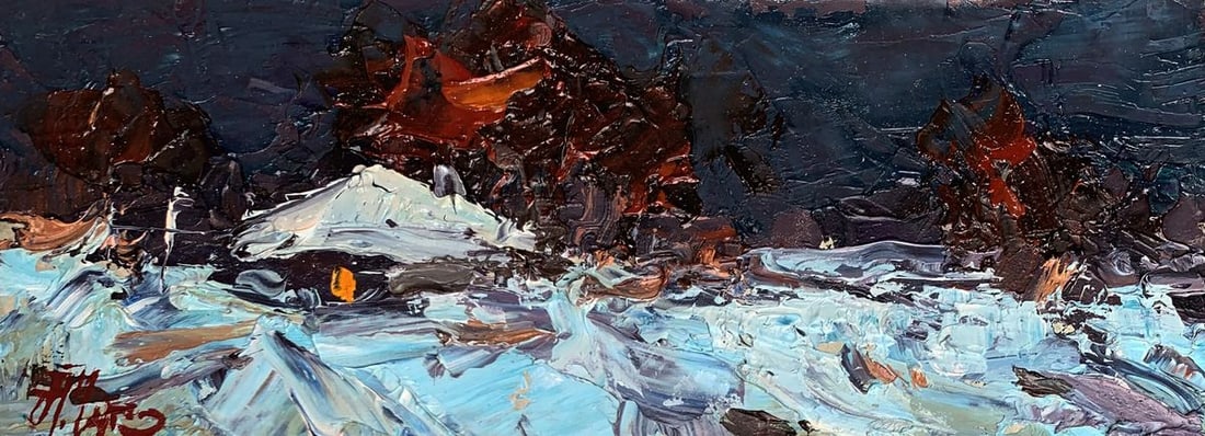 Oil painting Winter edge of the village Alexander Cherednichenko: NoAAA3288"Winter Edge of the Village" is a captivating oil painting that beautifully captures the stillness and cold of a winter night at the outskirts of a village. The artist skillfully uses a dark,