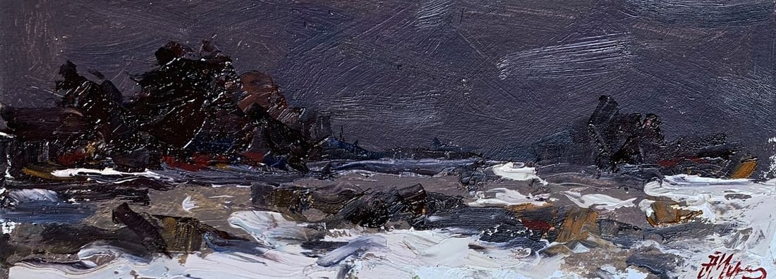 Oil painting Winter silence Alexander Cherednichenko: NoAAA3292"Winter Silence" is a compelling oil painting that encapsulates the stillness and tranquility of a winter night. The artist uses a rich and muted color palette to convey the deep quiet and so