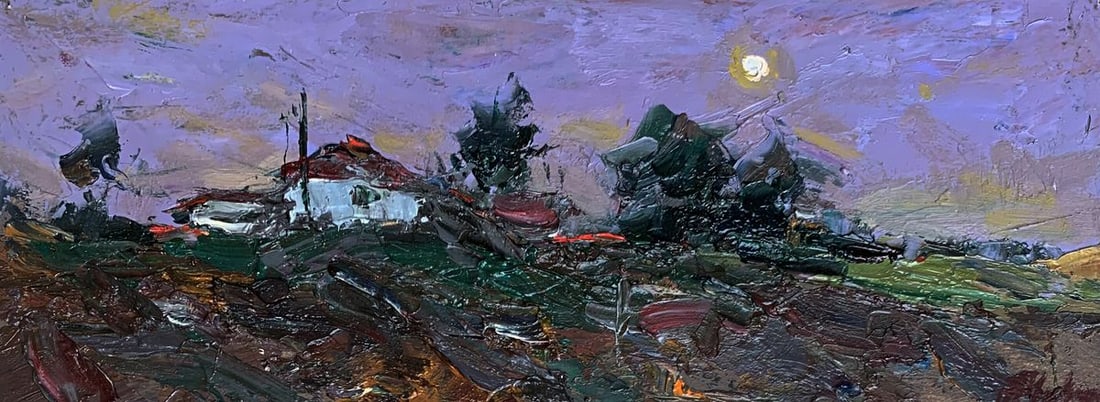 Oil painting Full month Alexander Cherednichenko: NoAAA3293"Full Month" is an evocative oil painting that captures the serene beauty of a rural landscape under the light of a full moon. The artist uses a rich palette of colors and expressive brushstr