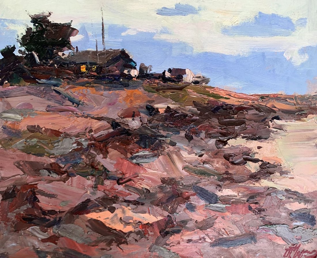 Oil painting Evening shore Alexander Cherednichenko: NoAAA3294"Evening Shore" is an evocative oil painting that captures the rugged beauty of a shoreline during the twilight hours. The artist uses a rich palette of earthy tones and expressive brushstrok