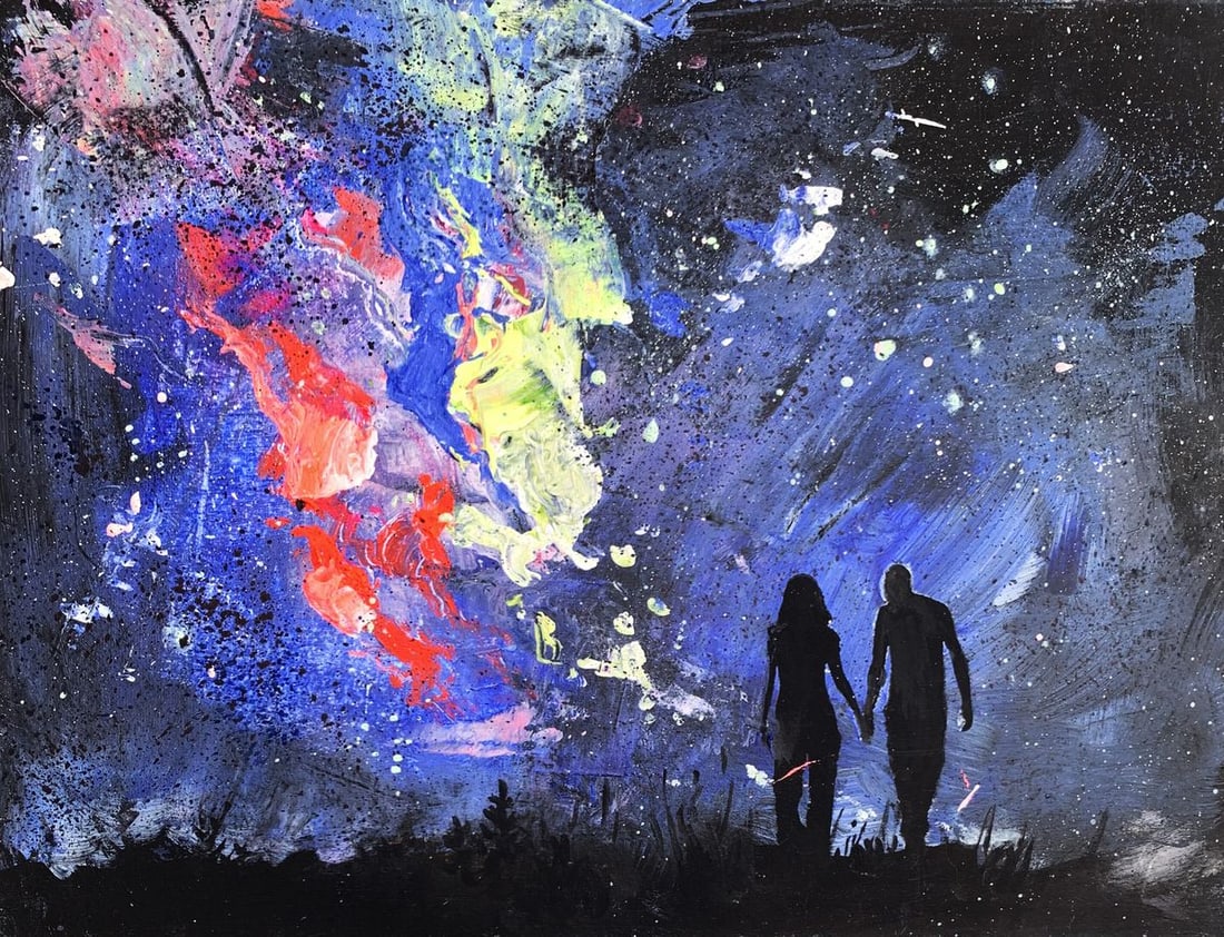Oil painting Love night Tatyana Derdey: NoAAA3303"Love Night" is an enchanting Oil painting that captures the profound connection between two individuals set against a mesmerizing celestial backdrop. This artwork combines the elements of
