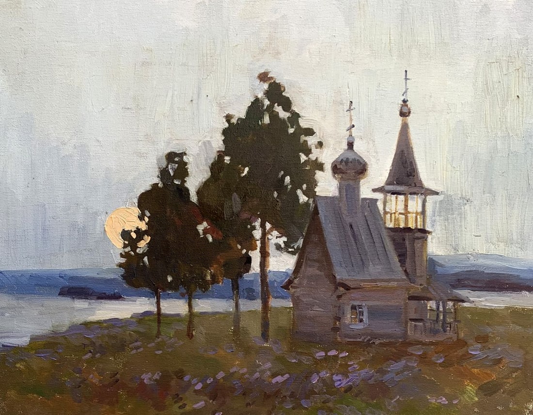 Oil painting Temple Tatyana Derdey: NoAAA3312"Temple" is a serene and evocative Oil painting that captures the quiet beauty of a rural church at dusk. The artist employs a soft color palette and delicate brushwork to convey a sense of