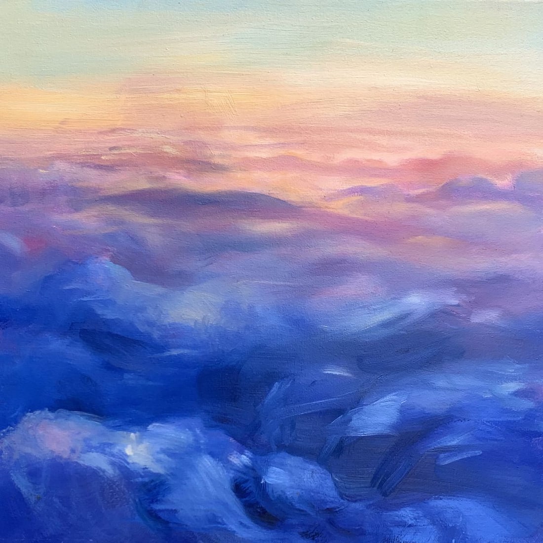 Oil painting Soaring in the clouds Tatyana Derdey: NoAAA3313"Soaring in the Clouds" is a mesmerizing Oil painting that captures the ethereal beauty of a sky filled with soft, flowing clouds at sunset. The artist masterfully uses color and brushwork to
