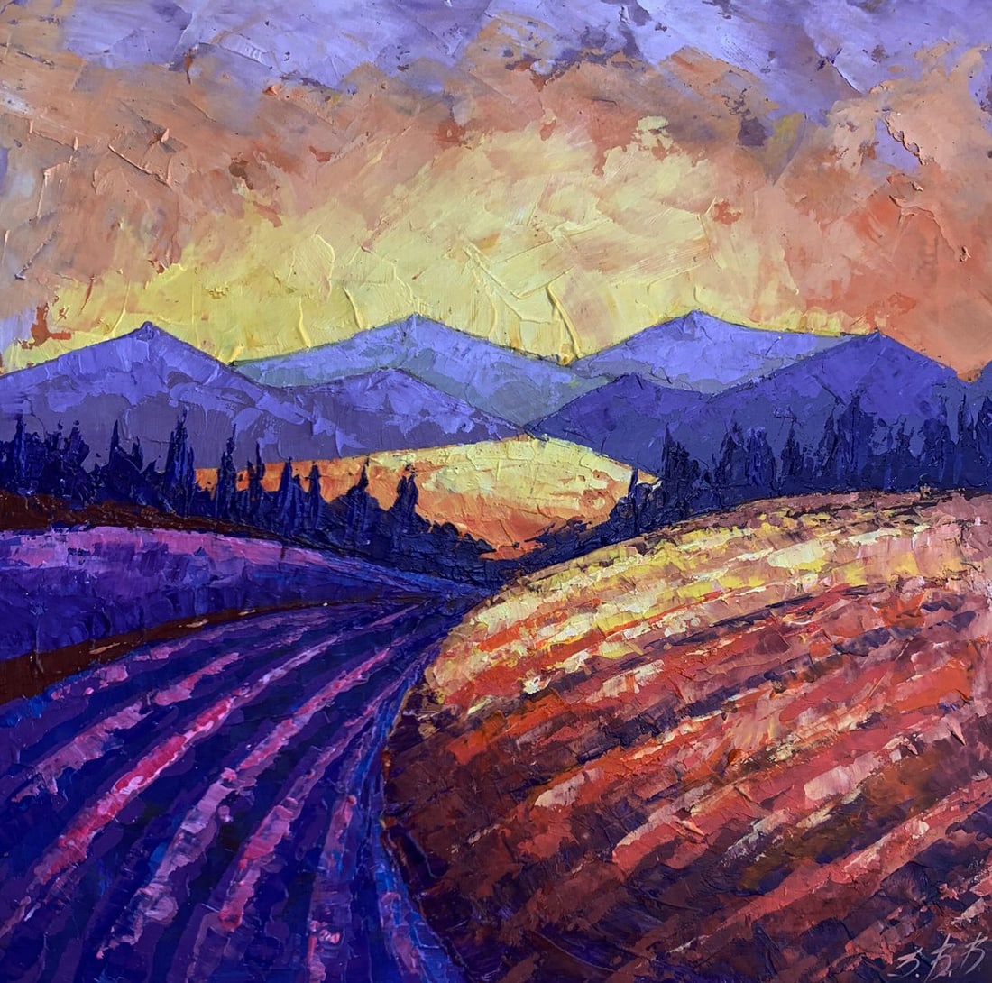 Oil painting Mountain Sunset V. Zadorozhnya: NoAAA3343"Mountain Sunset" is a mesmerizing oil painting that captures the dramatic beauty of a sunset over a mountainous landscape. The artist employs a vibrant palette and dynamic brushstrokes to co