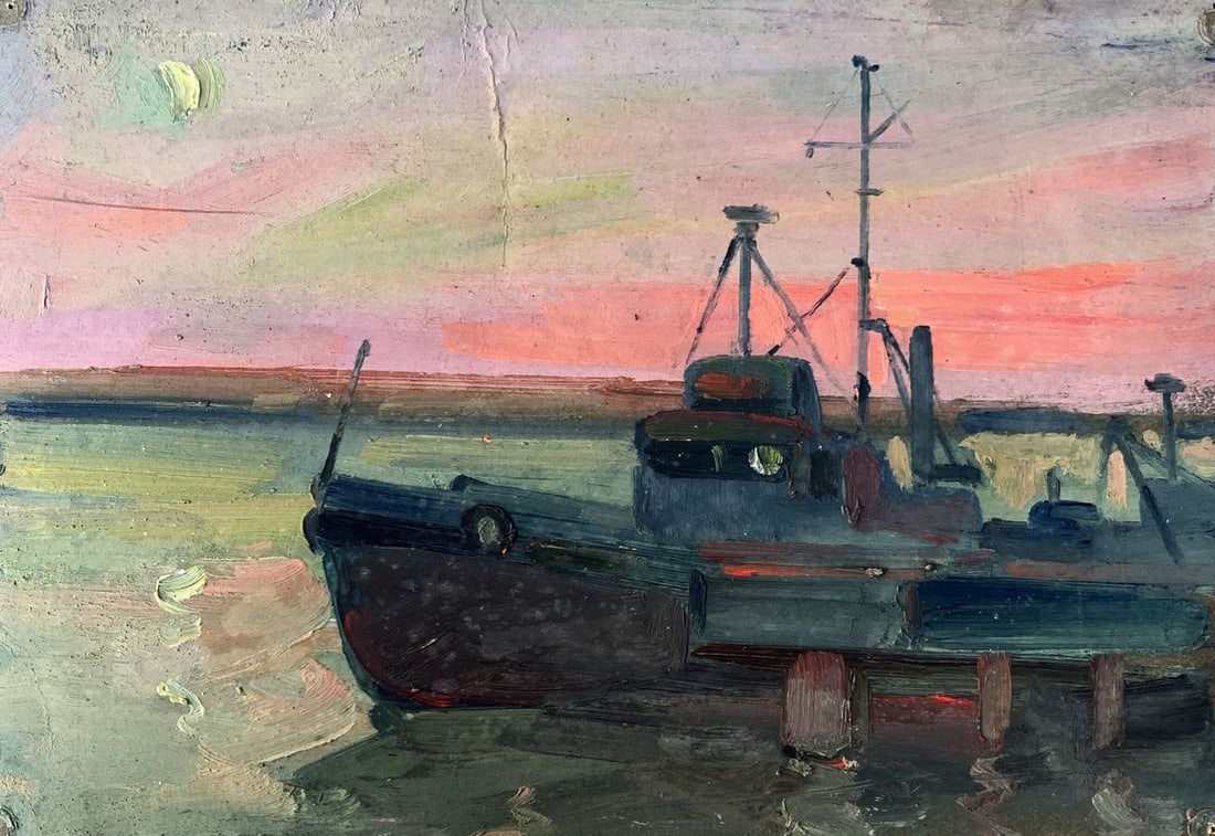 Oil painting Ship on the ferry Peter Tovpev: NoAAA3405"Ship on the Ferry" is a mesmerizing oil painting that captures a tranquil moment of a ship docked at a ferry terminal. The artist skillfully employs a muted color palette and