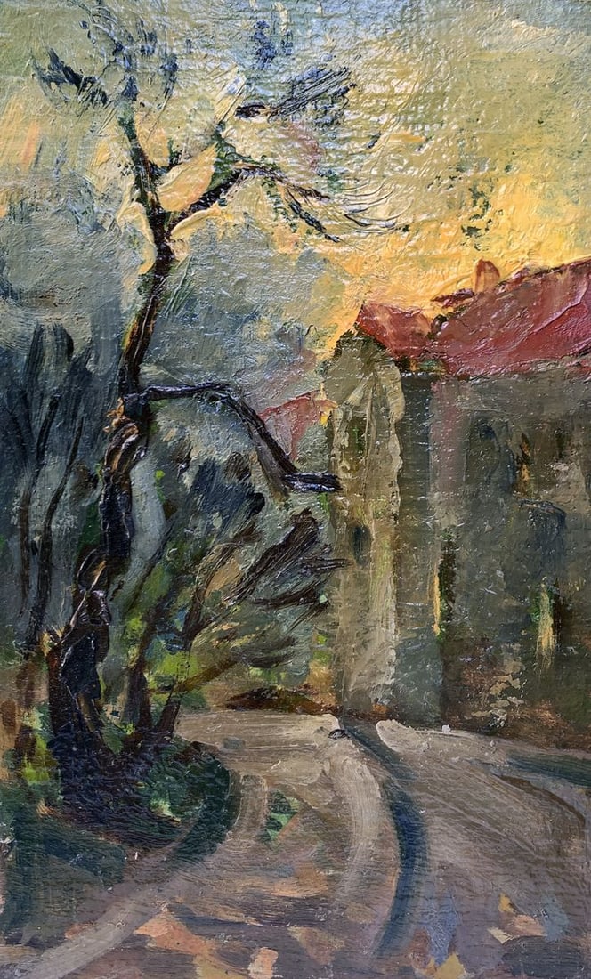 Oil painting City streets Mykhailo Burdylo: NoAAA3416The oil painting titled "City Streets" portrays a quiet, atmospheric corner of an old town, capturing the mysterious charm of urban life at dusk. The painting depicts a narrow street curving