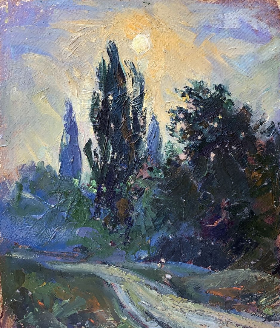 Oil painting Yellow sunset Mykhailo Burdylo: NoAAA3438The oil painting titled "Yellow Sunset" captures a fleeting moment of nature's beauty as the day transitions into evening. The composition focuses on a countryside landscape, where tall