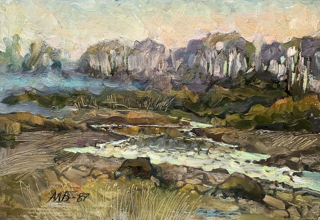 Oil painting Stream in the field Mykhailo Burdylo: NoAAA3439The oil painting titled "Stream in the Field" captures a serene natural landscape featuring a small stream meandering through an open field. The composition showcases the beauty of untouched