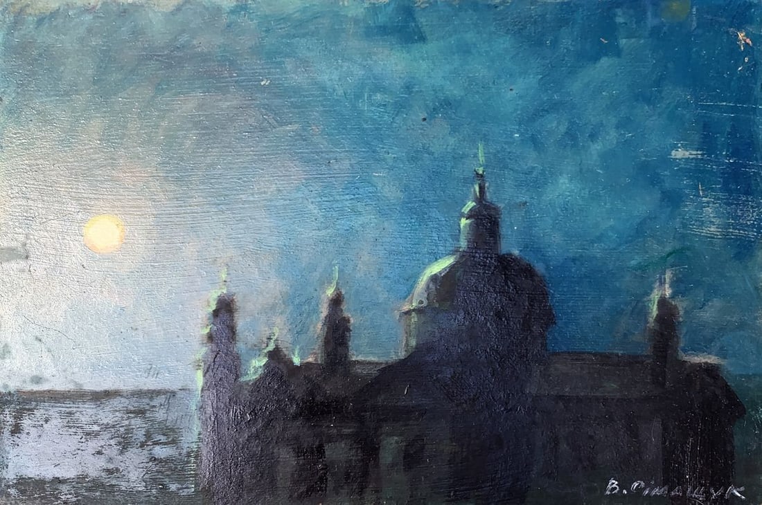 Oil painting Shining moon Valentina Simashchuk: NoAAA3440The oil painting titled "Shining Moon" captures the mysterious beauty of a moonlit night, with the silhouette of a grand building standing against a deep blue sky. The central focus of the