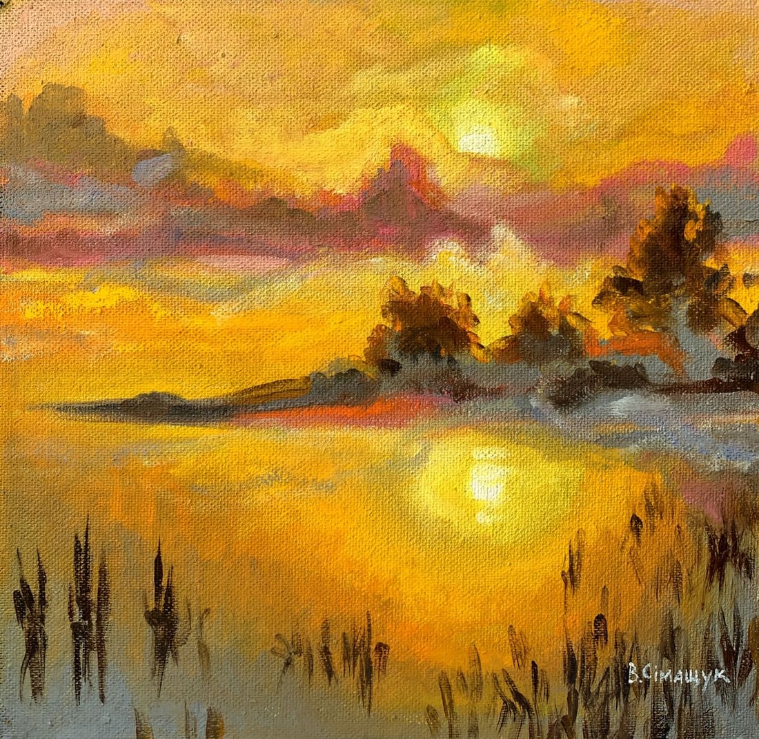 Oil painting Sunset sun Valentina Simashchuk: NoAAA3449The oil painting titled "Sunset Sun" captures the mesmerizing beauty of a sunset over a calm water surface, immersing viewers in a warm, glowing landscape filled with golden light. The painti