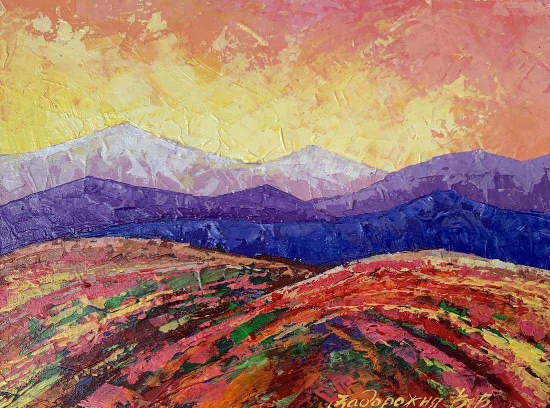 Oil painting Crimson sunset in the mountains V. Zadorozhnya: NoAAA3479The painting titled "Crimson Sunset in the Mountains" is an expressive and vibrant depiction of a sunset scene, rendered in oil on cardboard. It showcases a mesmerizing interplay of colors