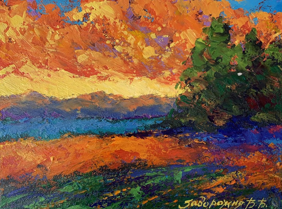 Oil painting Windy evening V. Zadorozhnya: NoAAA3488The painting titled "Windy Evening" captures the vibrant and dramatic essence of a breezy, colorful evening in nature. Executed in oil on cardboard, the piece vividly showcases the interplay