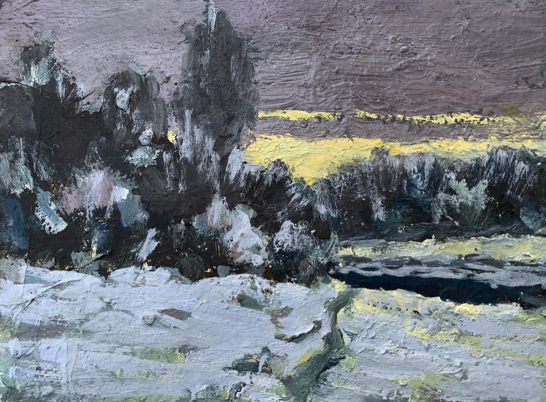 Oil painting The long awaited winter evening Leonid Maistrenko: NoAAA3549The oil painting titled "The Long-Awaited Winter Evening" captures the serene and mysterious ambiance of a winter landscape as evening falls. The artist uses a combination of subdued and