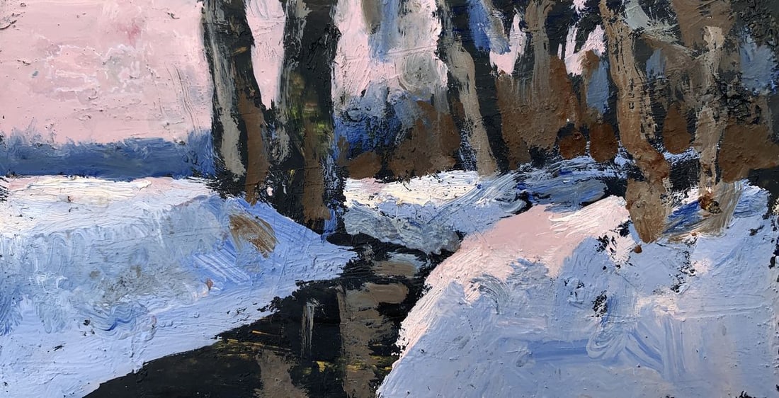 Oil painting There is a stream in the winter forest Leonid Maistrenko: NoAAA3550The oil painting "There is a Stream in the Winter Forest" immerses the viewer in a tranquil, snow-covered woodland scene, brought to life with rich textures and harmonious colors. The artist
