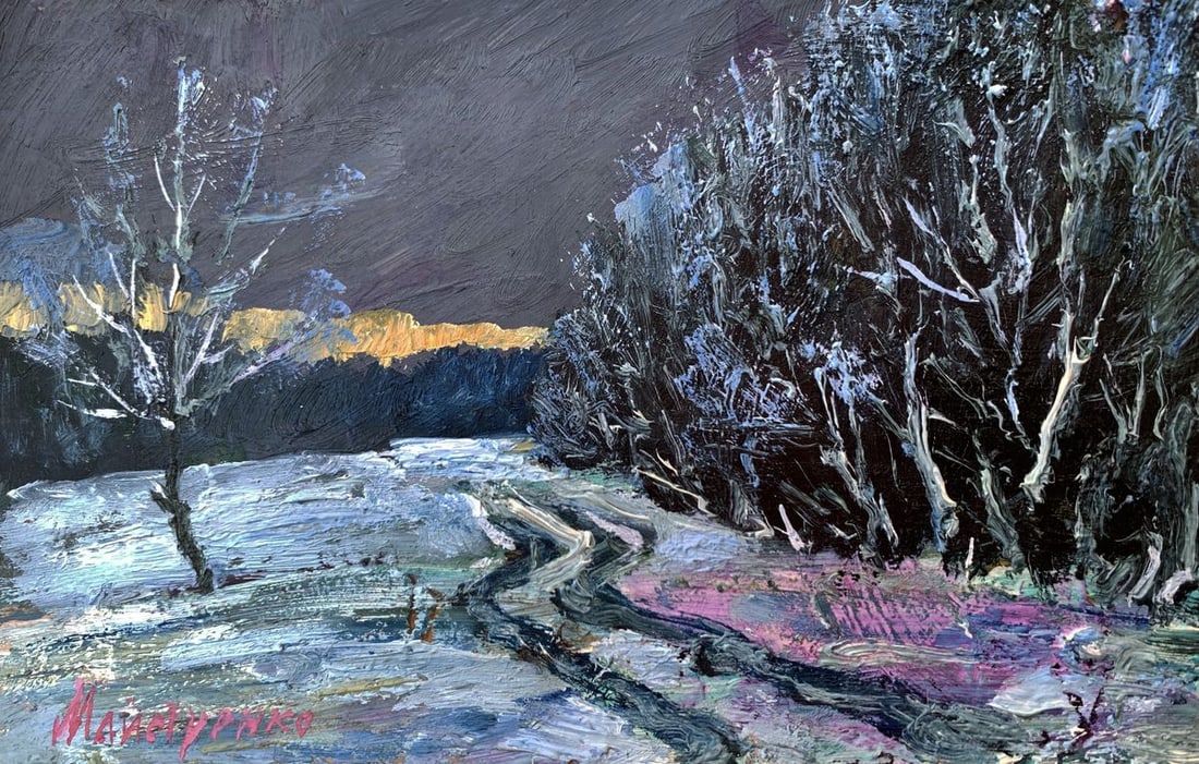 Oil painting Sunset in the winter forest Leonid Maistrenko: NoAAA3551The oil painting "Sunset in the Winter Forest" conveys the serene beauty of a winter evening, where the last rays of sunlight illuminate the snowy landscape, creating a harmonious interplay o
