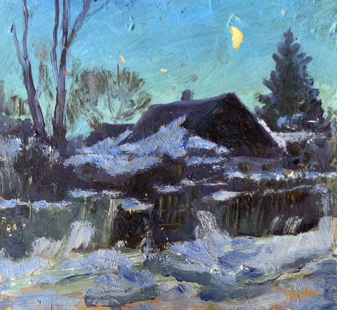 Oil painting Winter moonlit night Leonid Maistrenko: NoAAA3565The painting "Winter Moonlit Night", created with oil on cardboard, captures the serene and mystical ambiance of a snow-covered rural scene illuminated by moonlight. The composition centers