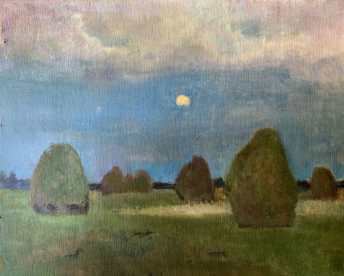 Oil painting In the night field Leonid Maistrenko: NoAAA3566The painting "In the Night Field", created with oil on plywood, presents a serene nocturnal landscape bathed in soft moonlight. The scene captures an expansive field dotted with rounded