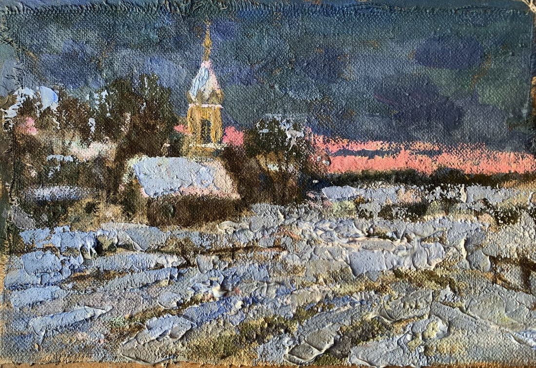 Oil painting Gentle winter sunset Leonid Maistrenko: NoAAA3567The painting "Gentle Winter Sunset", executed in oil on canvas, captures the serene beauty of a rural winter landscape during the fleeting moments of sunset. The foreground showcases a
