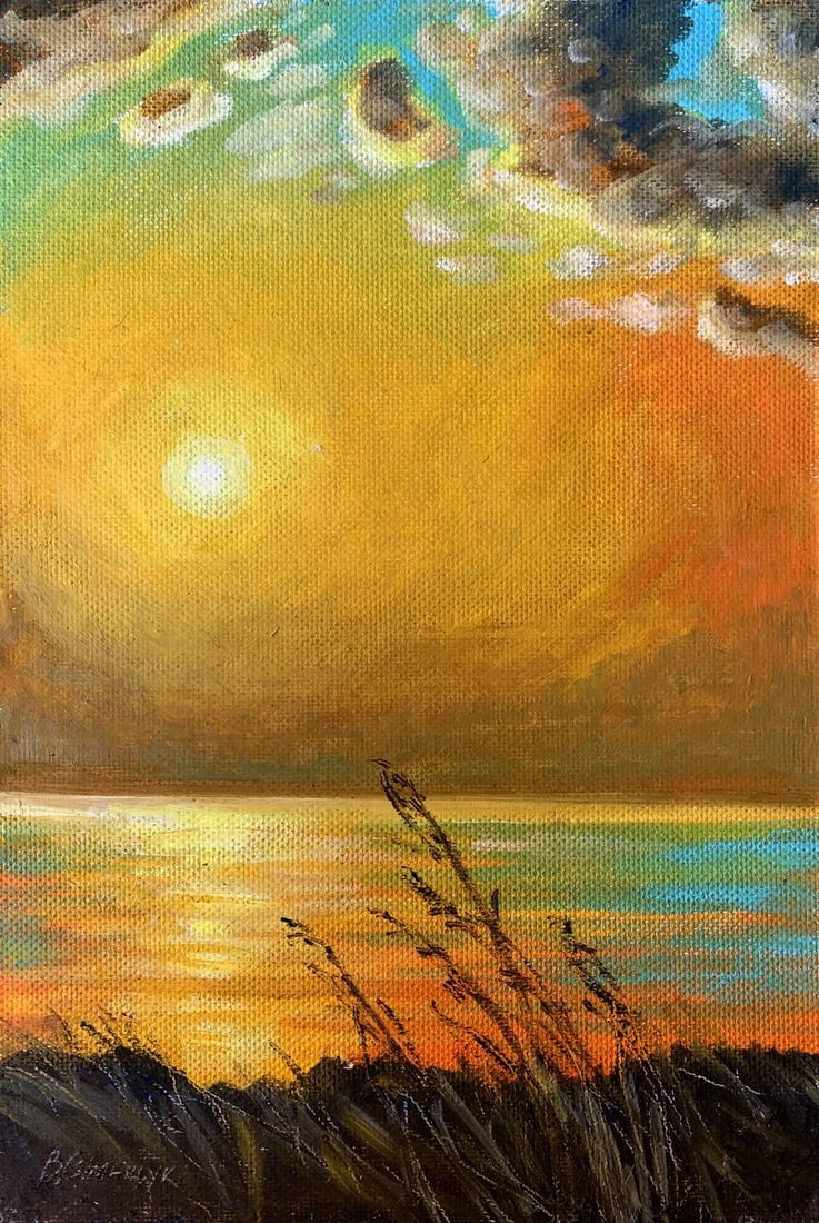 Oil painting Yellow sunset Valentina Simashchuk: NoAAA3575The painting "Yellow Sunset", created with oil on cardboard, vividly captures the mesmerizing beauty of the setting sun as it bathes the horizon in radiant hues. The sun, depicted as a