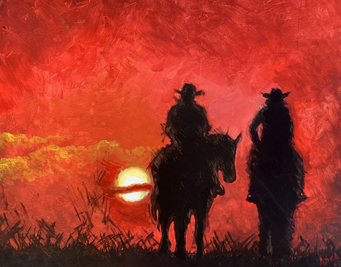 Oil painting Behind the sun Dmitry Arkadyev: NoAAA3588The painting titled "Behind the Sun" is an evocative oil on canvas that captures a dramatic sunset scene, with two silhouetted riders on horseback framed against a blazing red sky. The