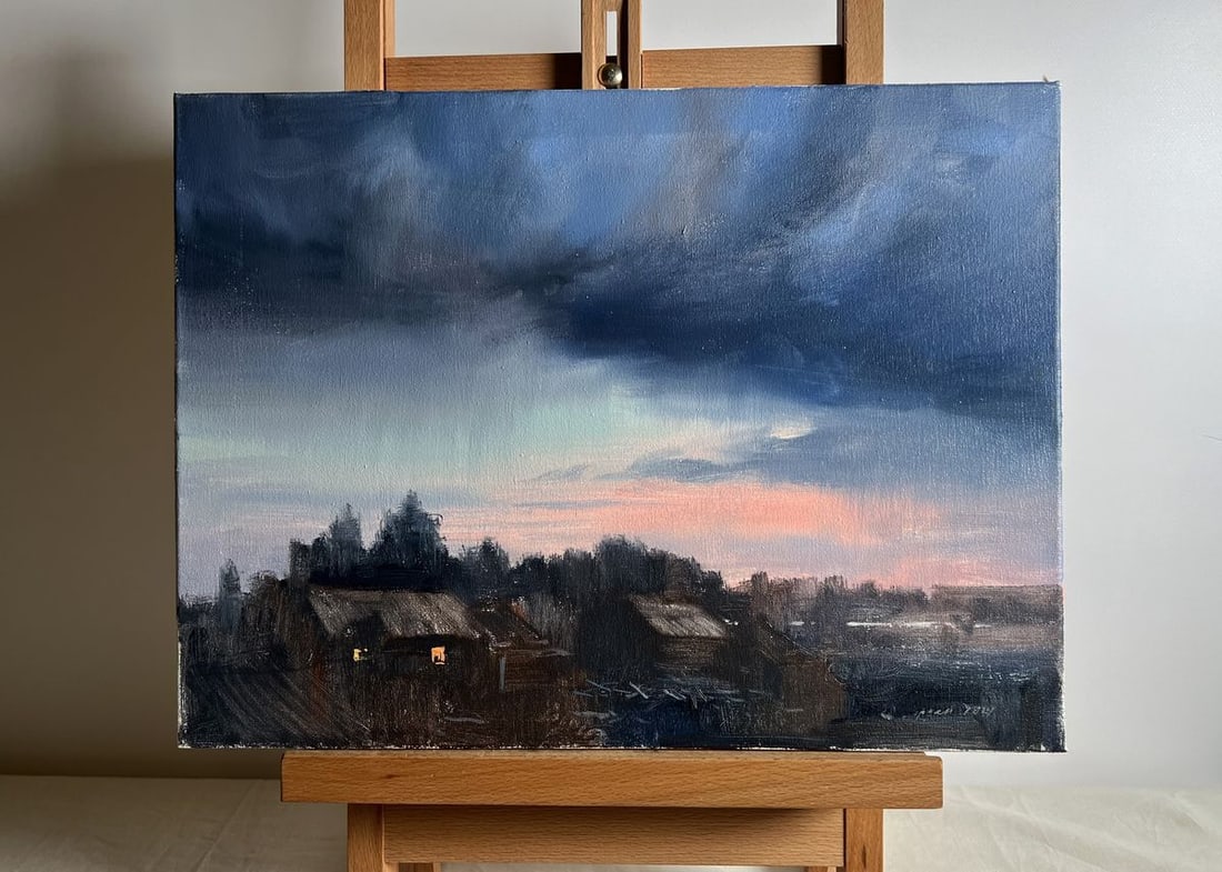 Oil painting Northern Lights over the village Tatyana Derdey: NoAAA3662"Northern Lights Over the Village" is a mesmerizing oil painting on canvas that captures the ethereal beauty of twilight over a quiet rural landscape. The artist skillfully plays with