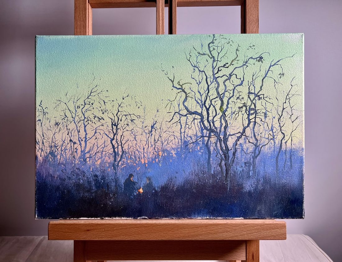 Oil painting Quiet gatherings around the fire Tatyana Derdey: NoAAA3669"Quiet Gatherings Around the Fire" is a captivating oil painting on cardboard that immerses the viewer in the tranquility of a secluded nighttime setting. The scene depicts two figures