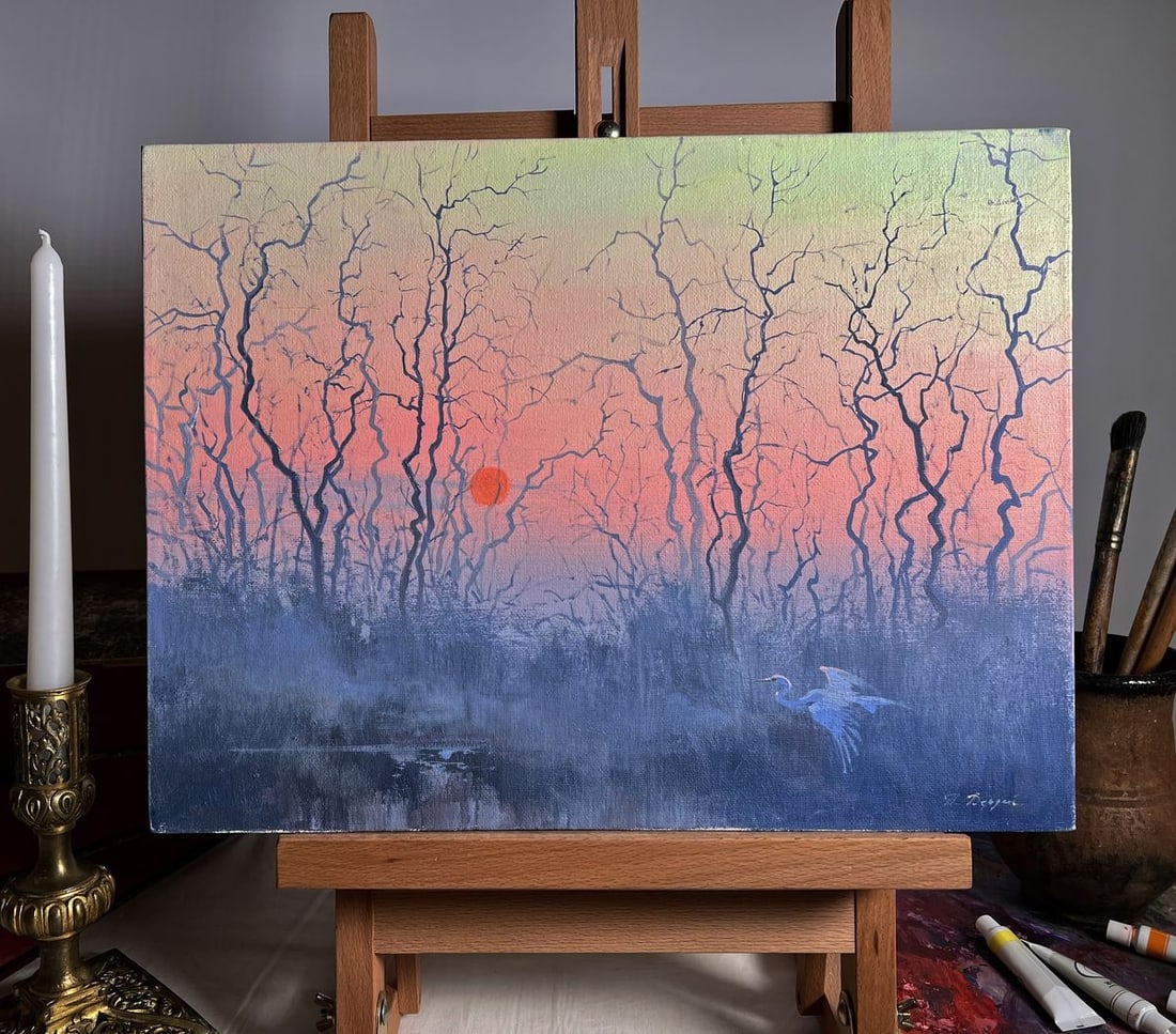 Oil painting Evening on a Misty Lake Tatyana Derdey: NoAAA3670"Evening on a Misty Lake" is an evocative oil painting on canvas that captures the mystical beauty of twilight in a secluded, fog-laden landscape. The composition is dominated by a dense
