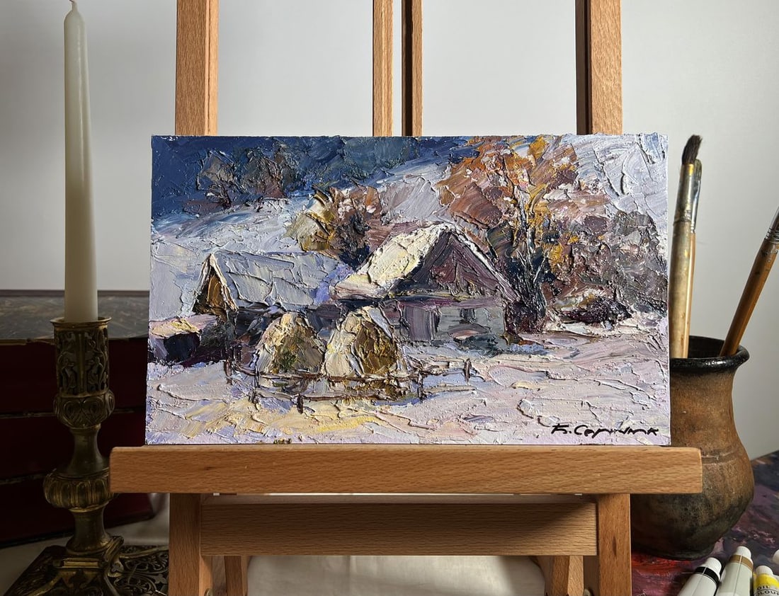 Oil painting Winter village evening Boris Serdyuk: NoAAA3686"Winter Village Evening" is a textured oil painting on cardboard that captures the quiet beauty of a snow-covered rural landscape at dusk. The artist uses thick, expressive brushstrokes and