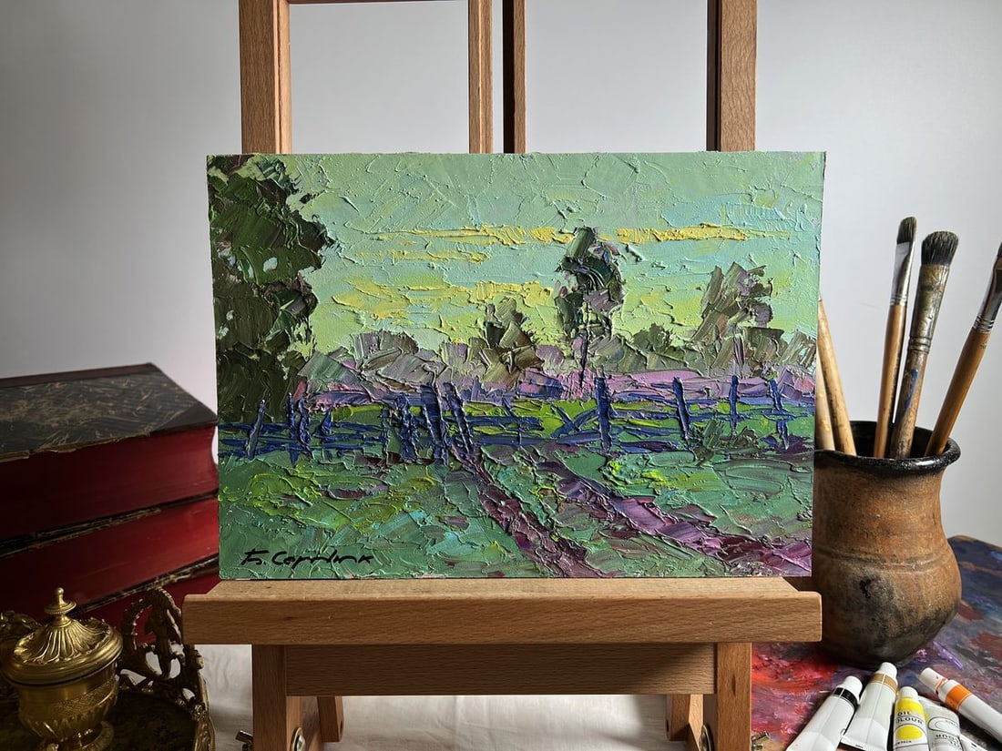 Oil painting It's getting dark in the field Boris Serdyuk: NoAAA3701"It's Getting Dark in the Field" is a textured oil painting on cardboard that captures the fleeting moment of twilight as day transitions into night over a vast countryside. The painting is