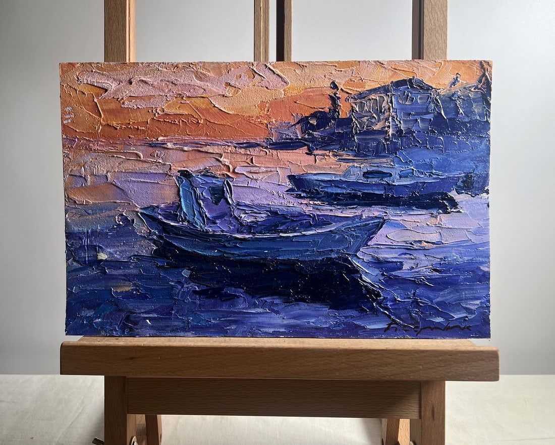 Oil painting Romantic evening by the river Boris Serdyuk: NoAAA3724The oil painting on cardboard, titled "Romantic Evening by the River", captures the serene and poetic atmosphere of twilight as the sun sets over calm waters. The artist skillfully employs
