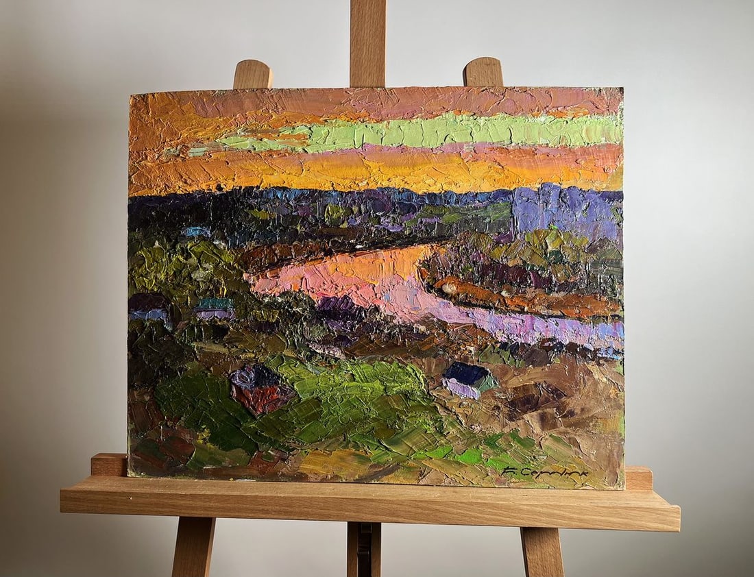 Oil painting Orange sunset sun Boris Serdyuk: NoAAA3748The oil painting on cardboard, titled "Orange Sunset Sun", captures the mesmerizing beauty of a rural landscape bathed in the warm glow of a setting sun. The artist employs bold, expressive