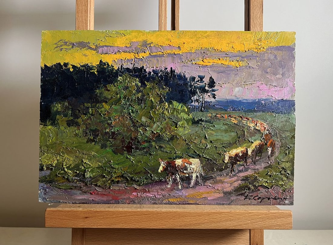 Oil painting The cows are going home Boris Serdyuk: NoAAA3766This oil painting cardboard, titled "The cows are going home", the composition is built around a gently curving dirt road, which leads the viewer's eye from the foreground to the background,